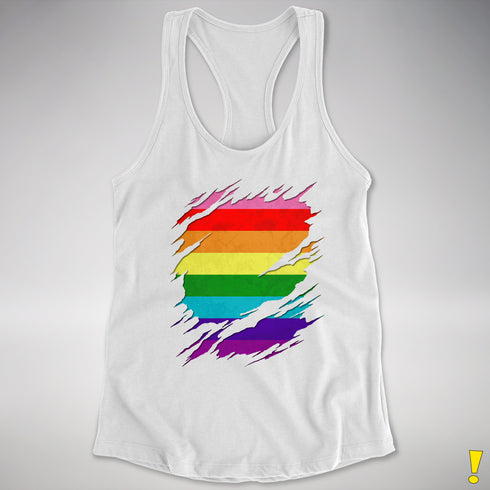 Original Gilbert Baker LGBTQ Gay Pride Flag Ripped Reveal Racerback - White